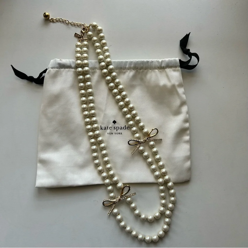 Kate Spade Double Strand Pearl Necklace with Gold Diamond Bows - Picture 8 of 8